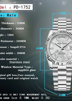 Nuovo Orologio da Uomo di Lusso DD36 2026 PAGANI DESIGN Automatico da Uomo con Quadrante in Meteorite Bianco Meccanico con Protezione in Zaffiro AR Data Sportivo Spedizione Locale