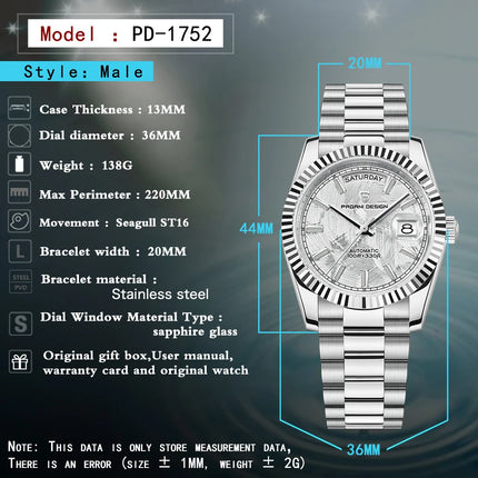 Nuovo Orologio da Uomo di Lusso DD36 2026 PAGANI DESIGN Automatico da Uomo con Quadrante in Meteorite Bianco Meccanico con Protezione in Zaffiro AR Data Sportivo Spedizione Locale