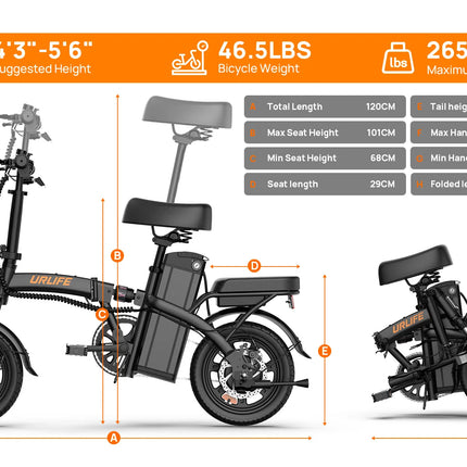 Bicicletta Elettrica Pieghevole per Adulti 14 Pollici, Motore da 500W, Batteria Rimovibile 48V 7.5Ah, Autonomia 65 km, Ricarica Rapida in 3 Ore, Bici Leggera