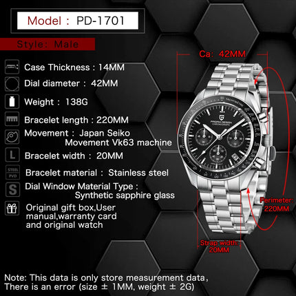 PAGANI DESIGN Nuovo PD1701 Orologio da Uomo di Lusso al Quarzo Cronografo Sportivo con Vetro Zaffiro Impermeabile Spedizione Locale