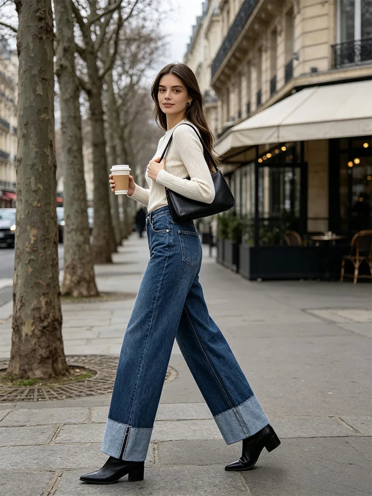 Women's High-Waisted Wide-Leg Jeans, Frayed Hem, Vintage Blue Wash, Slimming Loose Fit, Ideal for Daily Wear, Stylish Casual Look Spring Autumn Yw-1329