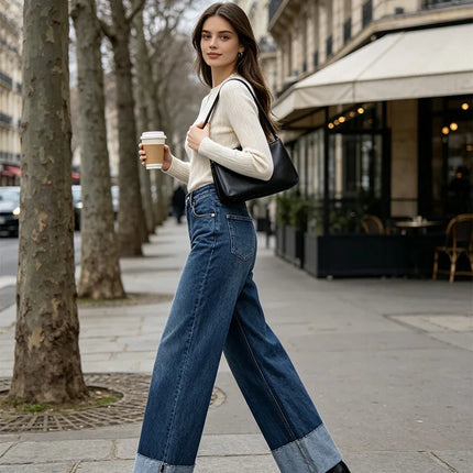 Women's High-Waisted Wide-Leg Jeans, Frayed Hem, Vintage Blue Wash, Slimming Loose Fit, Ideal for Daily Wear, Stylish Casual Look Spring Autumn Yw-1329