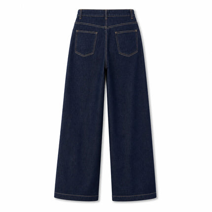 Women's Wide Leg High Waist Dark Blue Raw Denim Jeans, Yellow Contrast Stitching, Loose Fit, Leg-Shaping, Elegant Vintage Minimal Style, Ideal for Urban Outings, Work, Dates Yw‑1192J