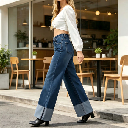 Dark Blue Wide Leg High Waist woman Jeans Loose Bottom lapel trousers Casual Sleek Comfortable Wear Daily Outings YW1329