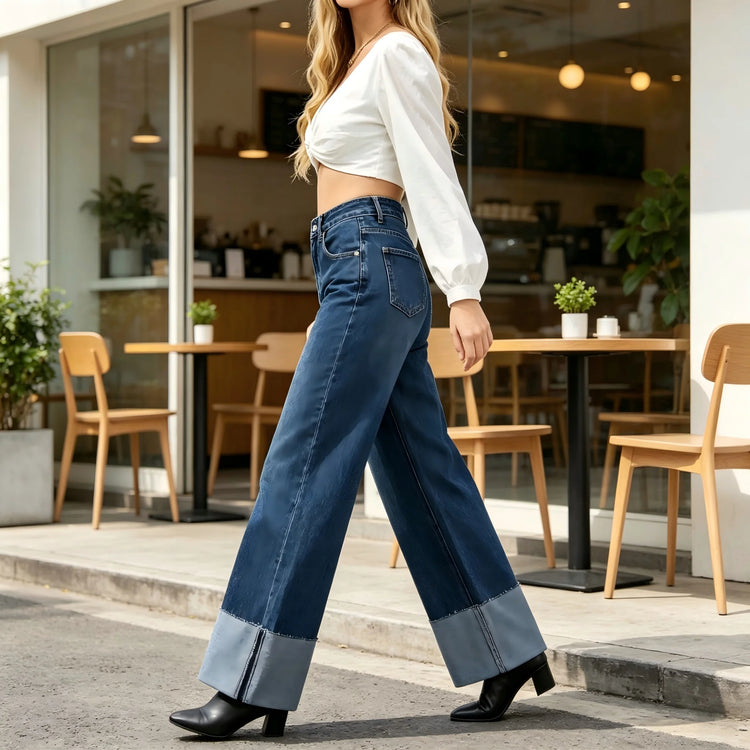 Dark Blue Wide Leg High Waist woman Jeans Loose Bottom lapel trousers Casual Sleek Comfortable Wear Daily Outings YW1329