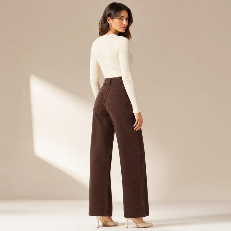 Women's Jeans High Waist Wide Leg Denim Brown Coffee Central Stitch Detail Soft Structured Stylish Casual For Office And Quotidians YW‑1882F