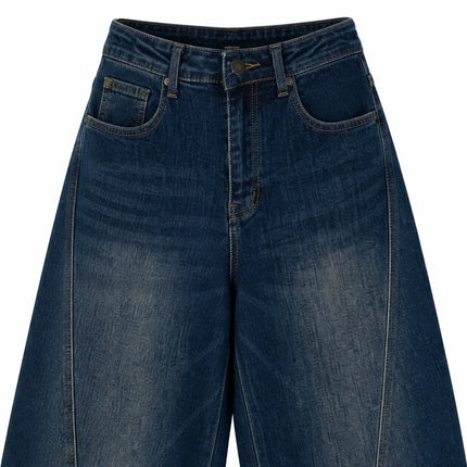 Women's Loose-Fitting Dark Blue Barrel-Leg Jeans, Denim with Decorative Stitching, Trendy High-Waisted Design, Casual Urban Streetwear Style, Durable Fabric, Comfortable Fit That Enhances Your Silhouette, Maximum Freedom of M