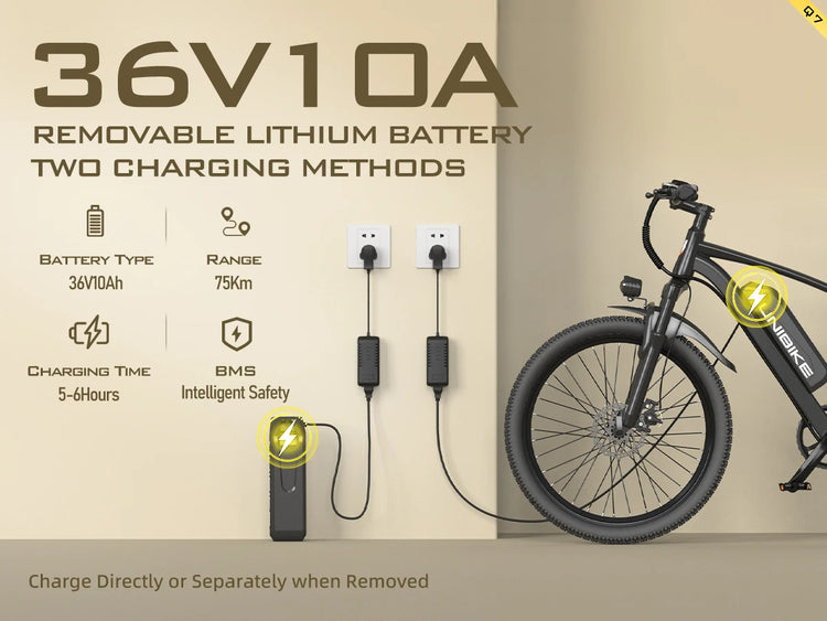Bicicletta elettrica Aairsk Q7 con motore da 250W, batteria rimovibile da 36V 10Ah, velocità massima di 25 km/h, doppia sospensione e autonomia da 45 a 75 km per carica. Bicicletta elettrica per adulti.