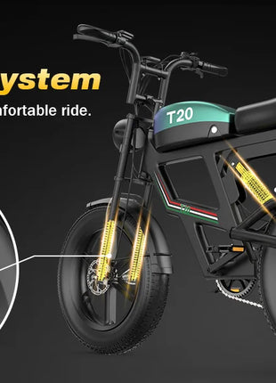 Bicicletta Elettrica T20 con Batterie agli Ioni di Litio ad Alta Capacità 48V20Ah, Bici Elettrica per Adulti con Pneumatici All-Terrain 20'X4.0', Mountain Bike Elettrica per Adulti