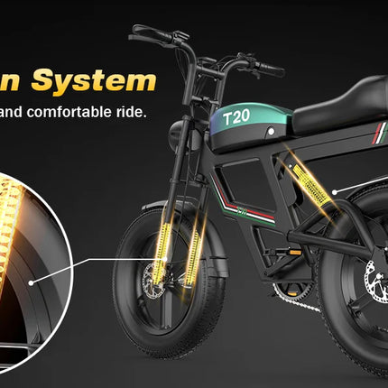 Bicicletta Elettrica T20 con Batterie agli Ioni di Litio ad Alta Capacità 48V20Ah, Bici Elettrica per Adulti con Pneumatici All-Terrain 20'X4.0', Mountain Bike Elettrica per Adulti