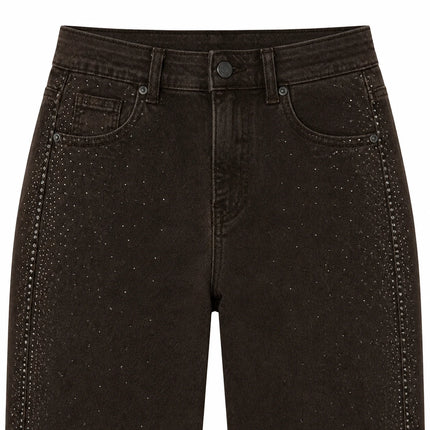 Barrel Women's Jeans High Waist Denim Brown Washed Coffee Rhinestones Side Scattered pants Wide Curved Balloon Streetwear For City Outings Look Retro Glam FX5429-4