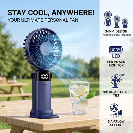 Ventilatore Portatile 3 in 1 Pieghevole USB Ricaricabile Mini Ventilatore da Tavolo con Display Digitale LED 5 Velocità Regolabili 90° °   Ventilatore Inclinabile per Casa, Ufficio e Esterni
