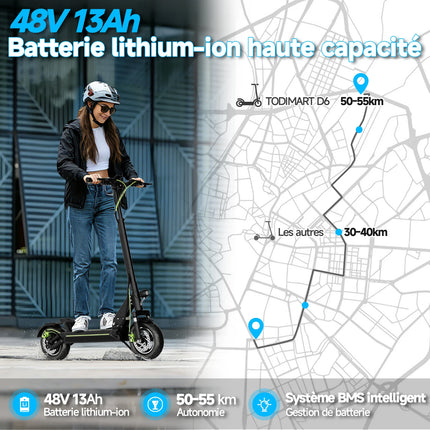 Monopattini elettrici Todimart D6 con motore da 500W (800W di picco), 48V 13Ah, velocità massima 45 km/h, autonomia 40-60 km, pieghevole, pneumatici da 10 pollici