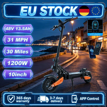 EU Stock 1200W Adult Electric Scooter 31 MPH 48V 13.5Ah Battery 10 inch Tires Dual Brake System 30 Mile Range Foldable Adult Commuter Electric Scooter