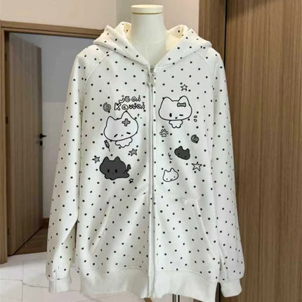 Japanese Y2k Hoodies Jackets Women Clothes Polka Dot Cat Print Sweatshirts 2025 Ropa Mujer Casual Chic Hooded Cute Hoodie Tops