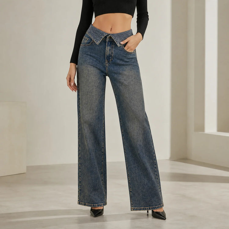 Women's High Waist Wide Leg Jeans with Rhinestone Flap and Engraved Pattern, Vintage Washed Denim, Loose Fit Shaping Legs, Y2K Glamour Style, Shiny Details, Ideal for Evening Outings, Parties, Dates Jf526