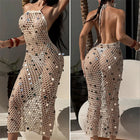 Abito sexy in maglia con paillettes con lacci e scollo all'americana, lungo da spiaggia, bikini all'uncinetto, copricostume estivo, costume da bagno femminile, sarong platinumshop