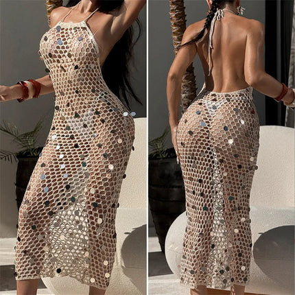Abito sexy in maglia con paillettes con lacci e scollo all'americana, lungo da spiaggia, bikini all'uncinetto, copricostume estivo, costume da bagno femminile, sarong platinumshop