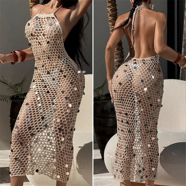 Abito sexy in maglia con paillettes con lacci e scollo all'americana, lungo da spiaggia, bikini all'uncinetto, copricostume estivo, costume da bagno femminile, sarong platinumshop