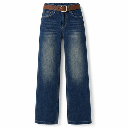 Women's High-Waisted Wide-Leg Jeans with Heart-Shaped Pockets, Belt Included, Retro Vintage Wash Denim, Loose-Fitting Pants That Elongate the Legs and Enhance the Silhouette, Comfortable Relaxed Fit, Yw-1892