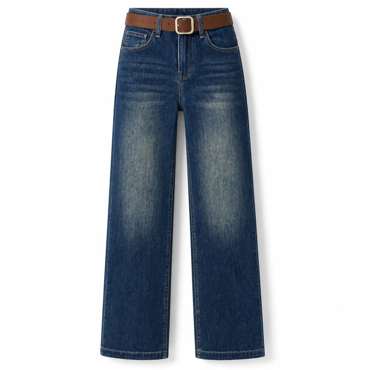 Women's High-Waisted Wide-Leg Jeans with Heart-Shaped Pockets, Belt Included, Retro Vintage Wash Denim, Loose-Fitting Pants That Elongate the Legs and Enhance the Silhouette, Comfortable Relaxed Fit, Yw-1892