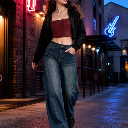 Women’s high-waisted bootcut vintage-wash jeans, cuffed-leg denim trousers with contoured stitching, Y2K streetwear casual fashion, sizes XS–XL sold individually FX5433