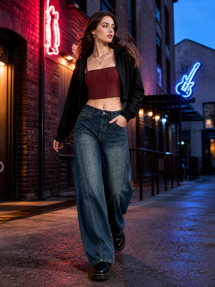 Women’s high-waisted bootcut vintage-wash jeans, cuffed-leg denim trousers with contoured stitching, Y2K streetwear casual fashion, sizes XS–XL sold individually FX5433