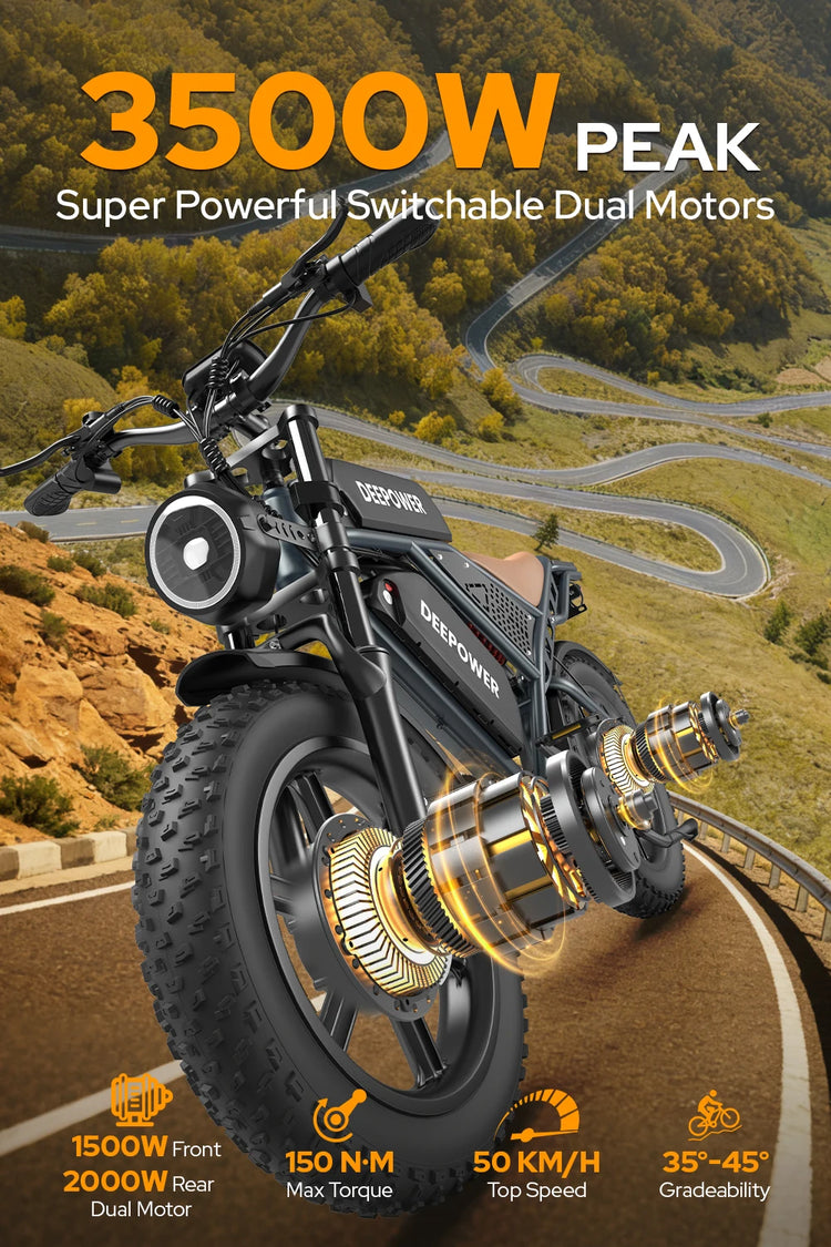 Bicicletta Elettrica DEEPOWER S8 3500W Doppio Motore 48V 60Ah Doppia Batteria Bici Elettrica Fuoristrada Pneumatici Larghi 20 Pollici E-bike per Tutti i Terreni