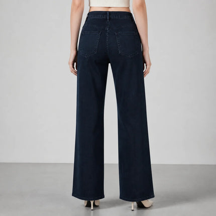 Women's High-Waisted Wide-Leg Jeans in Dark Navy Blue, Comfortable Stretch Denim Fabric, 5-Pocket Design, Slimming Effect, Hides Leg Imperfections, Elegant Casual Style for Daily Outfits and Work Looks Fx1338‑7