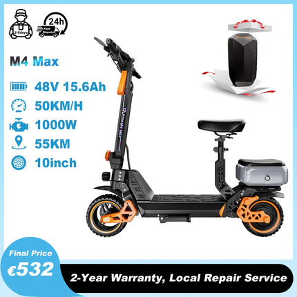 Monopattino Elettrico Potente Ruitoo M4 Max 1000W, Batteria 48V 15.6Ah, Autonomia 55KM, Pneumatici Fuoristrada da 10 Pollici, Velocità 50KM/H, per Adulti