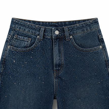 Dark Blue High Waist woman Straight Jeans Shiny Rhinestone Denim Washed Comfortable Fit Elegant City Party Outings FX5310