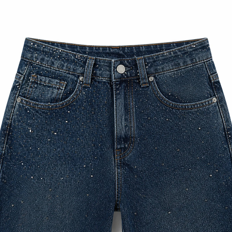 Dark Blue High Waist woman Straight Jeans Shiny Rhinestone Denim Washed Comfortable Fit Elegant City Party Outings FX5310