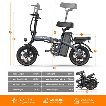 Urlife F1L E-Bike Pieghevole da 14 Pollici 500W 48V 7.5Ah Batteria Rimovibile e Ricarica Rapida 40KM Sospensione Anteriore Idraulica Freni a Doppio Disco Naviga