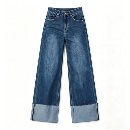 Women's Wide Leg High Waist Jeans with Frayed Hem, Classic Wash Blue Denim Pants, French Casual Style, Soft Fabric with Good Drape for Outings and Leisure Yw-1329