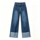 Women's Wide Leg High Waist Jeans with Frayed Hem, Classic Wash Blue Denim Pants, French Casual Style, Soft Fabric with Good Drape for Outings and Leisure Yw-1329