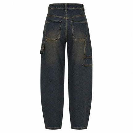 Blue cargo woman Jeans Cross-Waist Double buttons Denim Wash Vintage Fit Loose Side Pockets Perfect for Urban Streetwear Casual, Comfortable, Trendy Everyday Look FX912