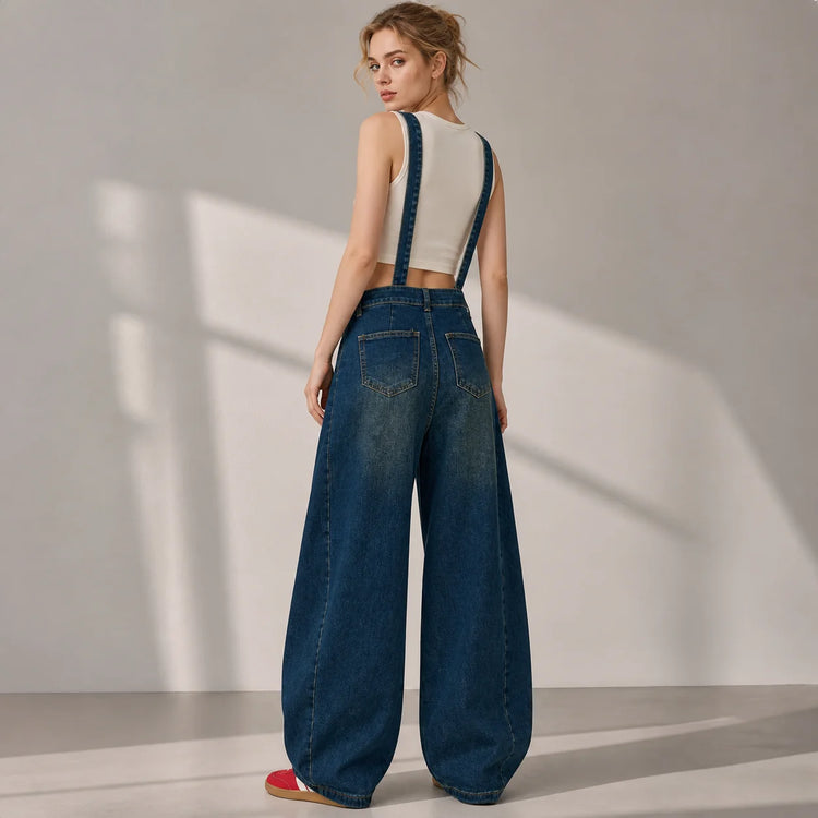 Women's Lantern Leg Jeans Overalls in Blue Denim Vintage Wash, Adjustable Straps, Comfortable Loose Fit, Urban Casual Style for Leisure Outings Yw‑1890
