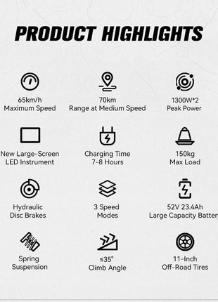 Monopattino elettrico OOTD T10PRO con motore da 2600W, 60 km/h, batteria al litio 52V 23.4Ah, illuminazione ambientale, freno idraulico