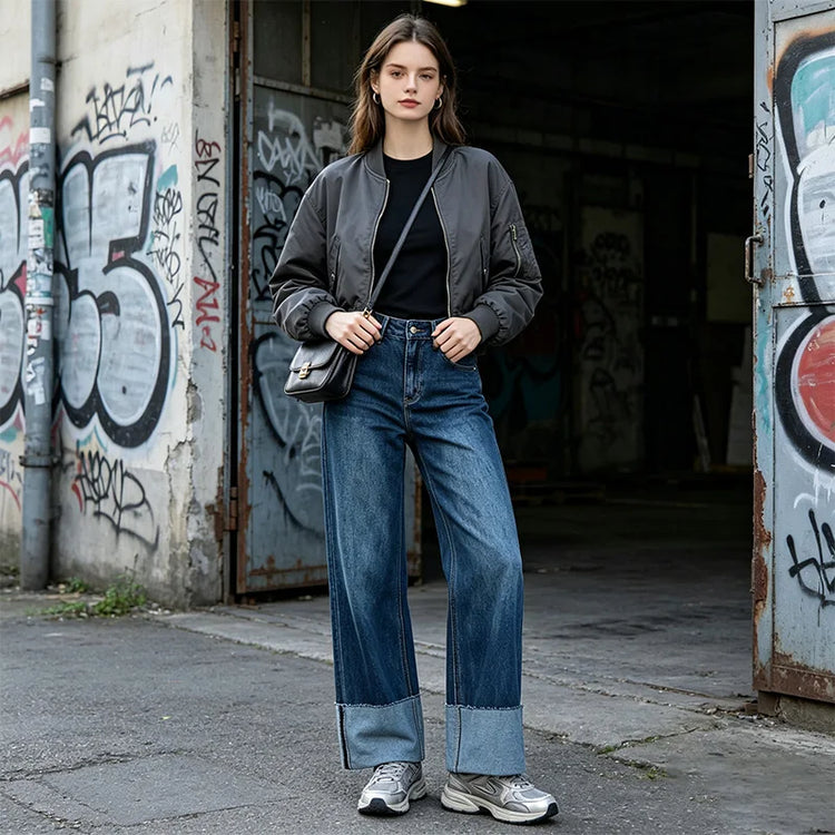 Women's Wide Leg High Waist Jeans with Frayed Hem, Classic Wash Blue Denim Pants, French Casual Style, Soft Fabric with Good Drape for Outings and Leisure Yw-1329