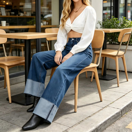 Dark Blue Wide Leg High Waist woman Jeans Loose Bottom lapel trousers Casual Sleek Comfortable Wear Daily Outings YW1329