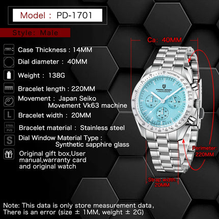 Nuovo Orologio da Uomo PAGANI DESIGN Ice Blue, Orologio al Quarzo di Lusso per Uomo, Cronografo da Polso con Vetro Zaffiro AR Luminoso, Spedizione Locale