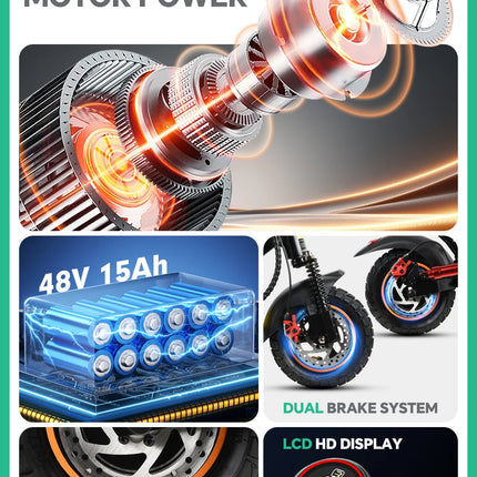 Monopattino Elettrico per Adulti, Motore 800W, Batteria 48V 15AH, Velocità Massima 45KM/H, Pneumatici Fuoristrada da 10 Pollici, Doppio Freno