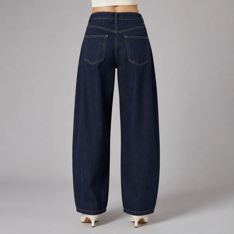 Women’s high-waisted barrel jeans, Y2K-style unwashed dark blue denim, large trousers with contrast stitching, comfortable casual streetwear fit, sizes XS–XL sold individually FX5379-6