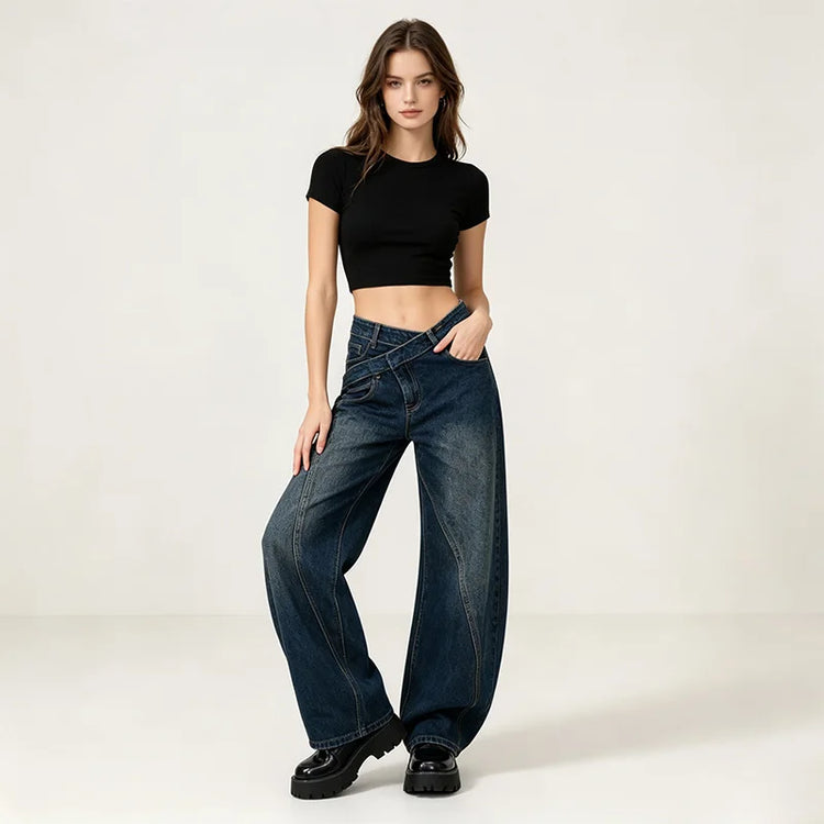 Asymmetric Cross Waist woman Wide Barrel Leg Jeans Dark Blue Denim Vintage Wash Streetwear trousers Shaped Stitching Wide Fit Comfortable Urban Look Daily Fashion Outings YW-1668