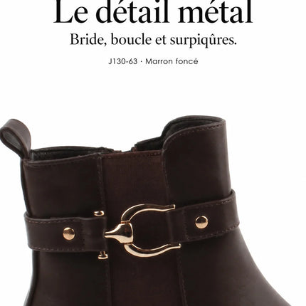 Bel Chou's J130-63 Women's Dark Brown Low Heel Boots with Inner Zipper and Gold Buckle
