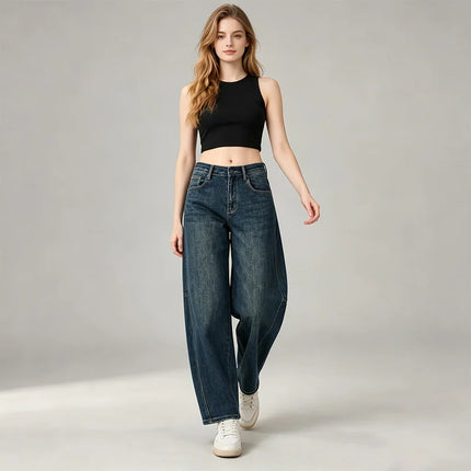 Dark Blue woman Jeans Balloon High Waist Panel Stitching Denim Loose Fit Loose Pockets Urban Streetwear Casual Look Trendy Fashion Outfits Daily Outlets FX5243-5
