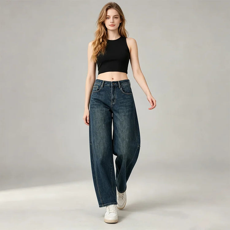 Dark Blue woman Jeans Balloon High Waist Panel Stitching Denim Loose Fit Loose Pockets Urban Streetwear Casual Look Trendy Fashion Outfits Daily Outlets FX5243-5