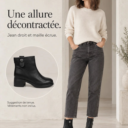 Bel Chou's EX135-51 Women's Black Block Heel Ankle Boots with Inner Zip and Decorative Button