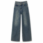 Women's Wide Leg Jeans with Distressed Waist, Blue Denim with Vintage Texture Effect, Crossed Oblique Closure, Loose Fit for Leg Shaping, Y2K Streetwear Style, Ideal for Outings, Urban Life, Dates, Spring Summer Autumn Winter