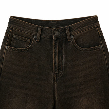 Dark Brown woman Jeans Balloon High Waist Vintage Wash Soft Denim Fit Large Functional Pockets Urban Streetwear Style Curled Cut Perfect For Daily Outfits Casual Outings FX5314-7
